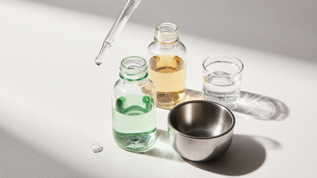 Бутылочки с гликолевой, салициловой и ТРА кислотами на стерильном столе.