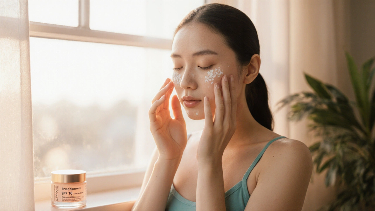 Девушка после гликолевого пилинга наносит SPF крем, её кожа сияет.