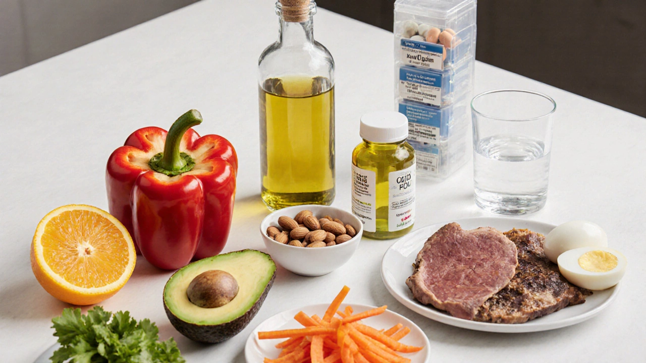 Кухонный стол с продуктами и добавками, богатыми витаминами.