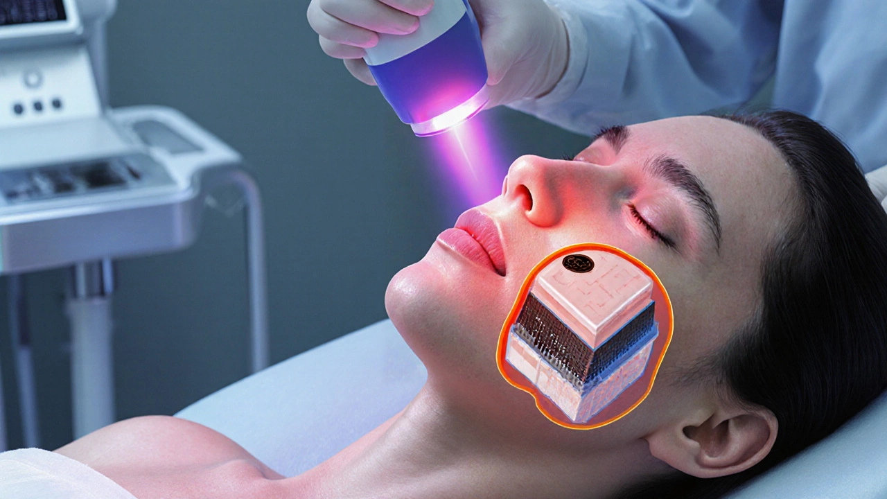 Врач использует Q‑switched Nd:YAG лазер на лице пациента, виден световой луч.