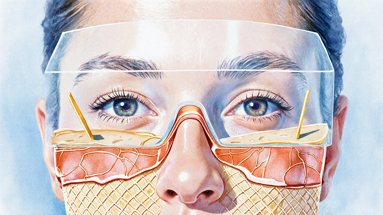 Анатомическая иллюстрация слоя SMAS с нитями, поднимающими ткани лица, в акварельном стиле.