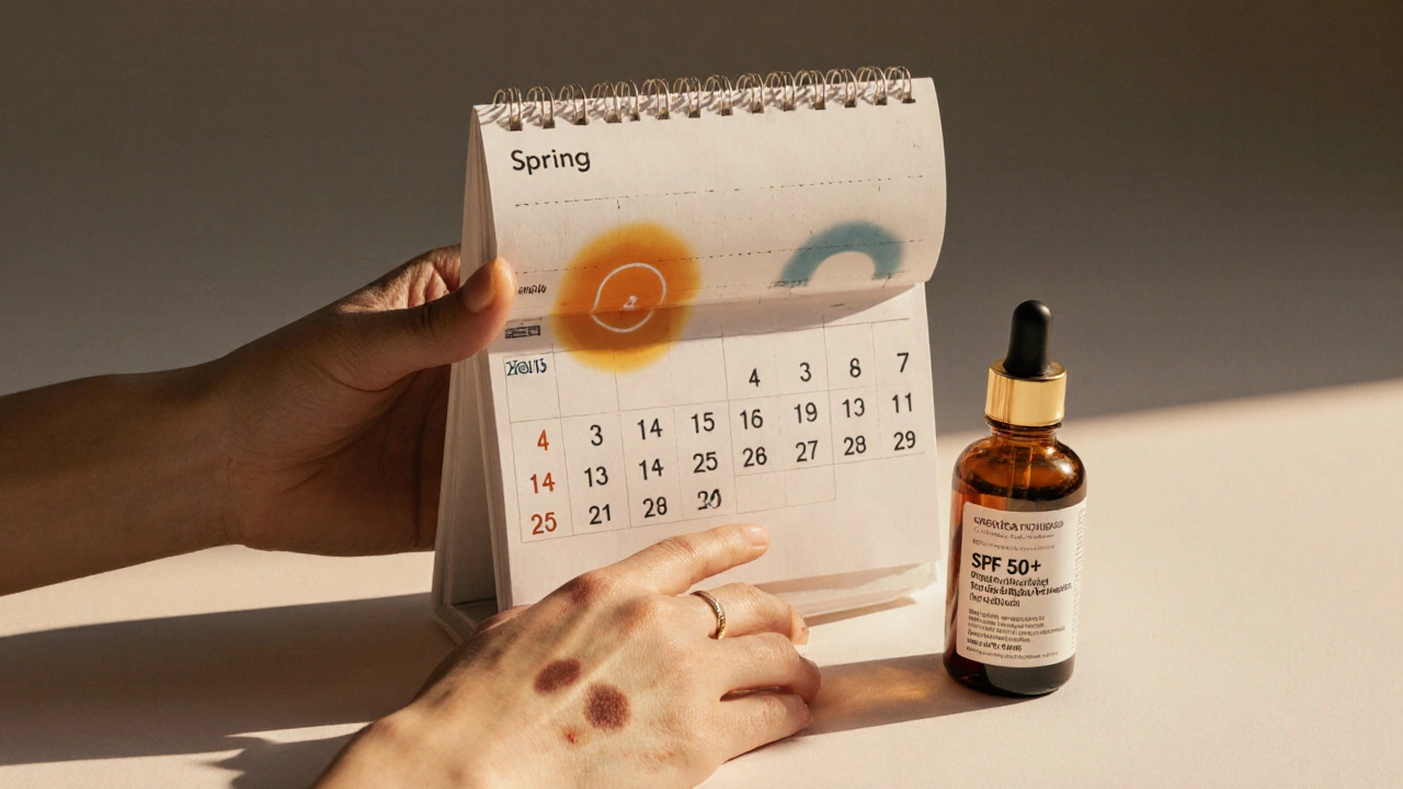 Календарь и средства по уходу за кожей, символизирующие постепенное исчезновение пятен.