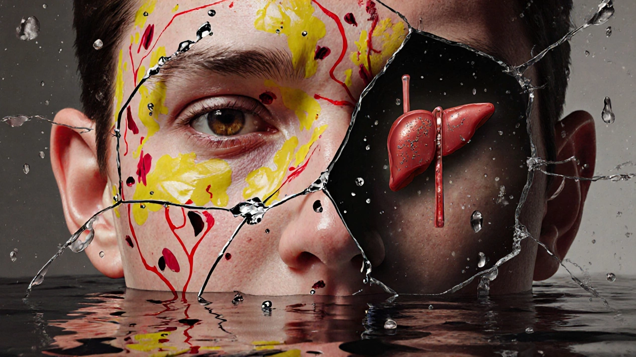 Лицо, отражающее поврежденную печень в треснувшем зеркале, с признаками пигментации и токсинов.