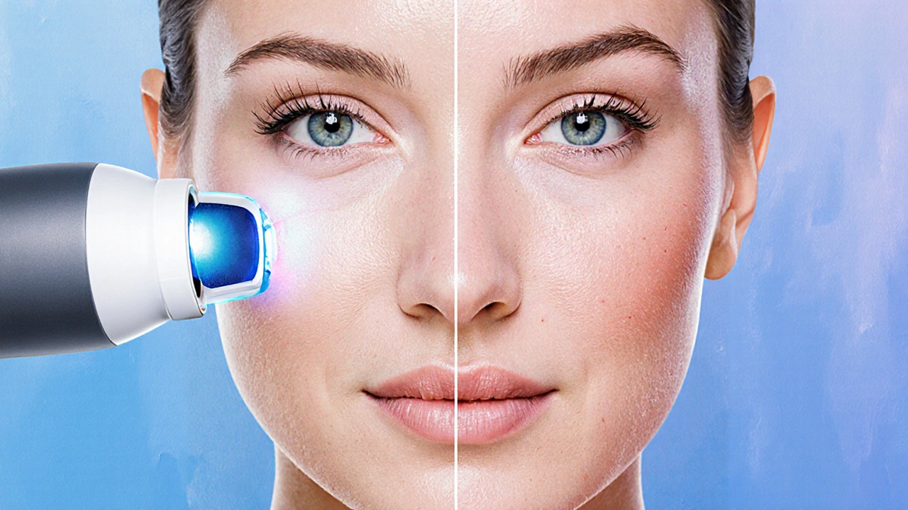 Лицо с двумя состояниями кожи: одна сторона — с морщинами под лазером, другая — с объемом от филлеров.