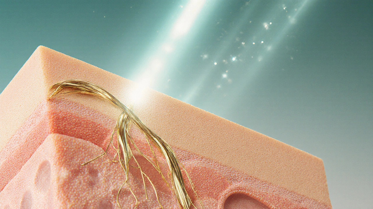 Микроскопический вид кожи под действием лазера: коллагеновые волокна восстанавливаются, тепловые импульсы стимулируют обновление.