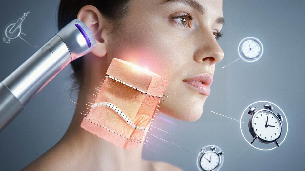 Прозрачный разрез кожи, показывающий одновременное действие лазера и уколов для омоложения.