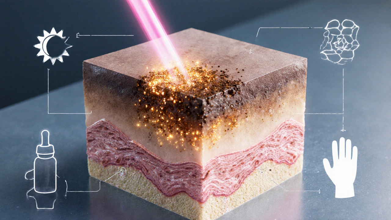 Разрез кожи с глубокими пигментными слоями, разрушаемыми лазером.