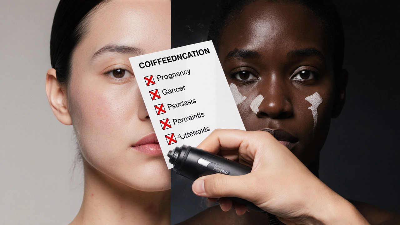 Рука с лазером рядом с чек-листом противопоказаний и альтернативами ухода за кожей.