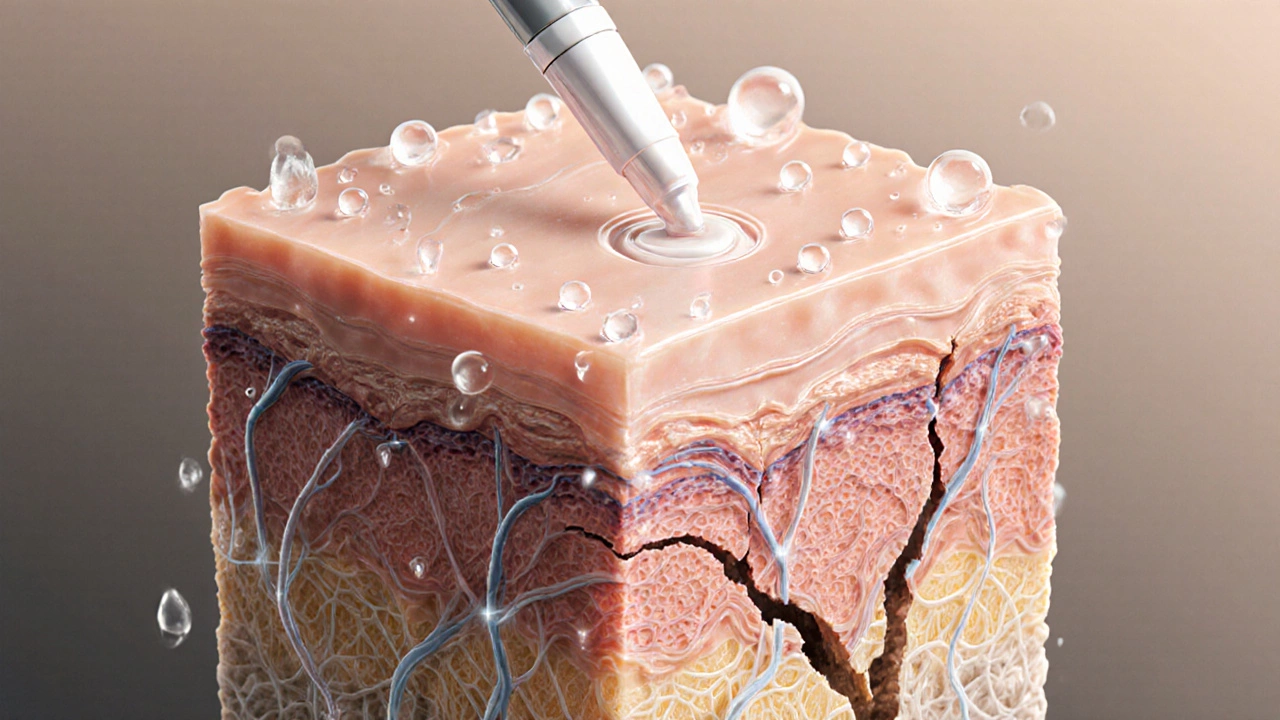 Схема кожи: поверхность увлажнена, глубже — разрушенные коллаген и эластин.