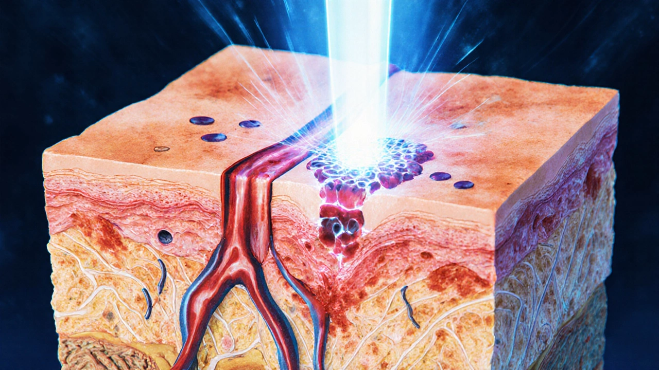 Схема воздействия лазера на кожные слои с разрушением пигмента и сосудов