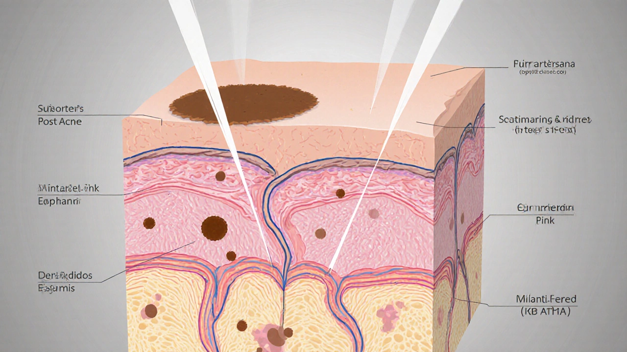 Схематическое изображение слоев кожи с различными типами пигментации и лазерным воздействием на меланин.