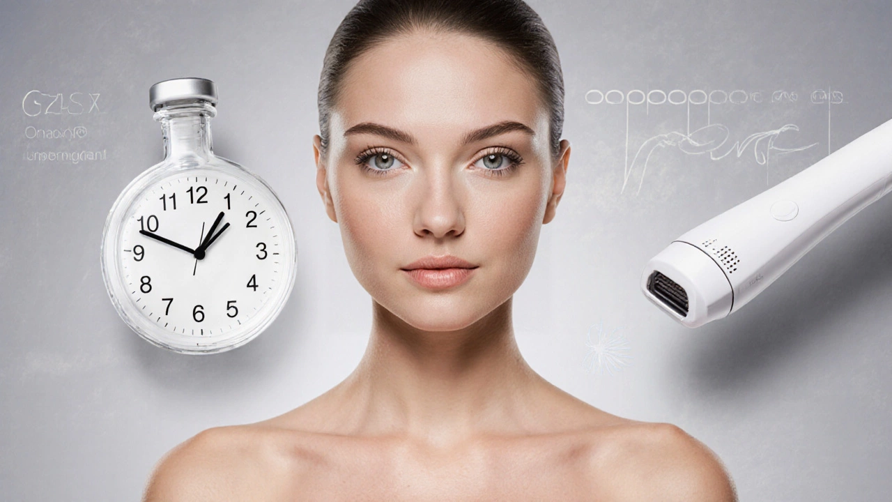Символическое изображение ботокса и лазерного омоложения как двух подходов к уходу за кожей после 35.