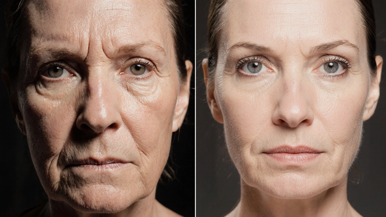 Сравнение до и после смас-лифтинга: провисшие и подтянутые контуры лица одной женщины.