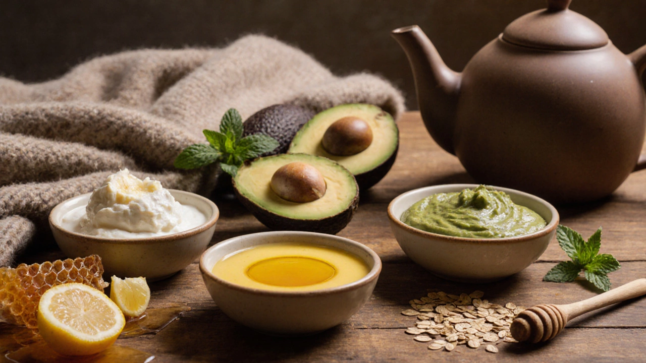 Три домашних маски для лица с натуральными ингредиентами на деревянном столе: банан, йогурт, яичный желток.