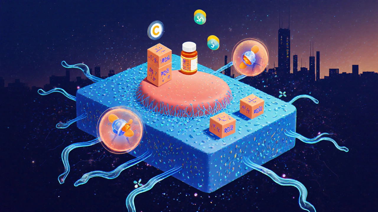 Увеличенное изображение клетки кожи, где витамины С и Е восстанавливают коллаген и нейтрализуют свободные радикалы.