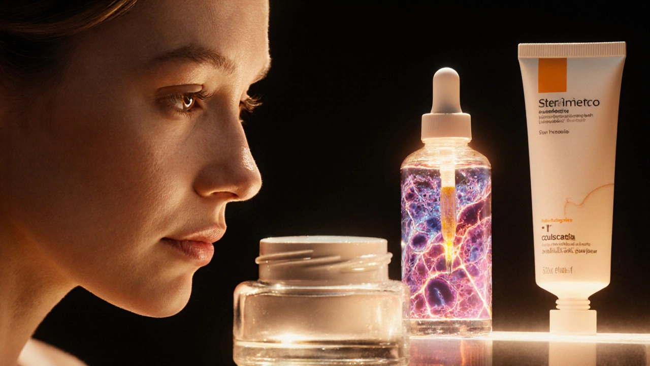 Вечерний уход за кожей: сыворотка с ретиноидом, увлажняющий крем и солнцезащитный крем на фоне невидимого обновления клеток.