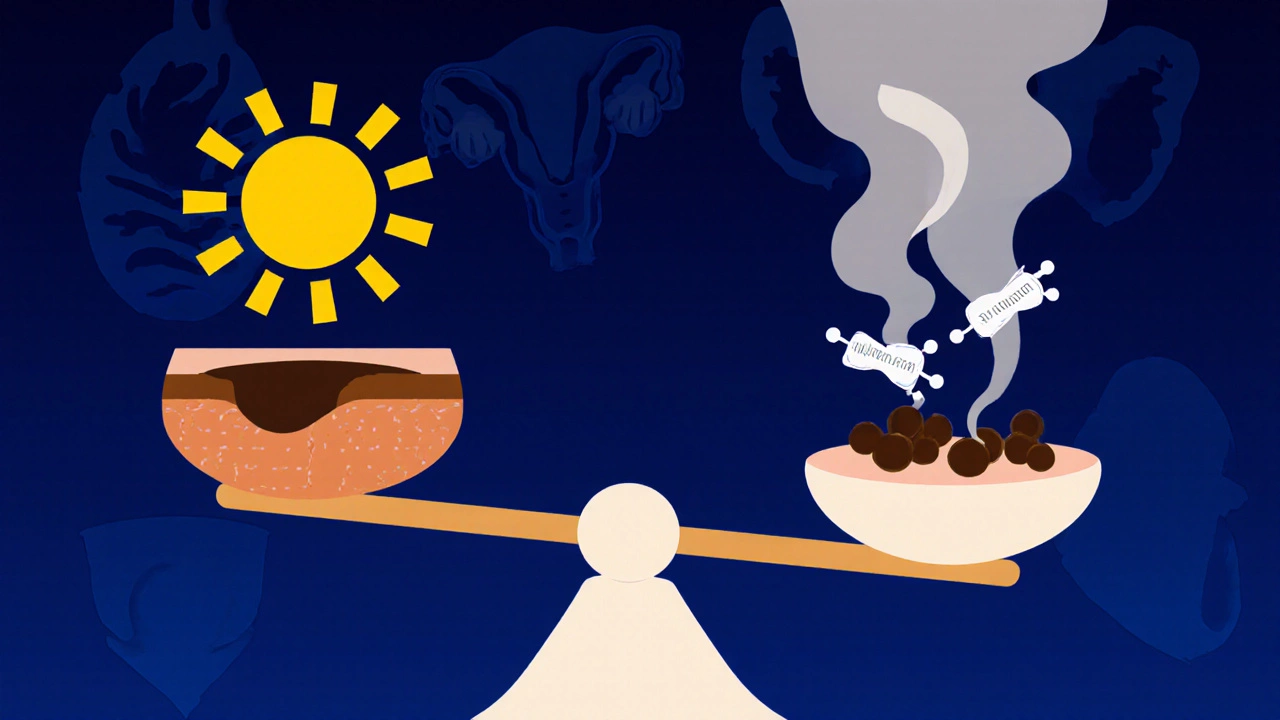 Весы с солнцем и гормонами, балансирующие над пигментными пятнами на коже.