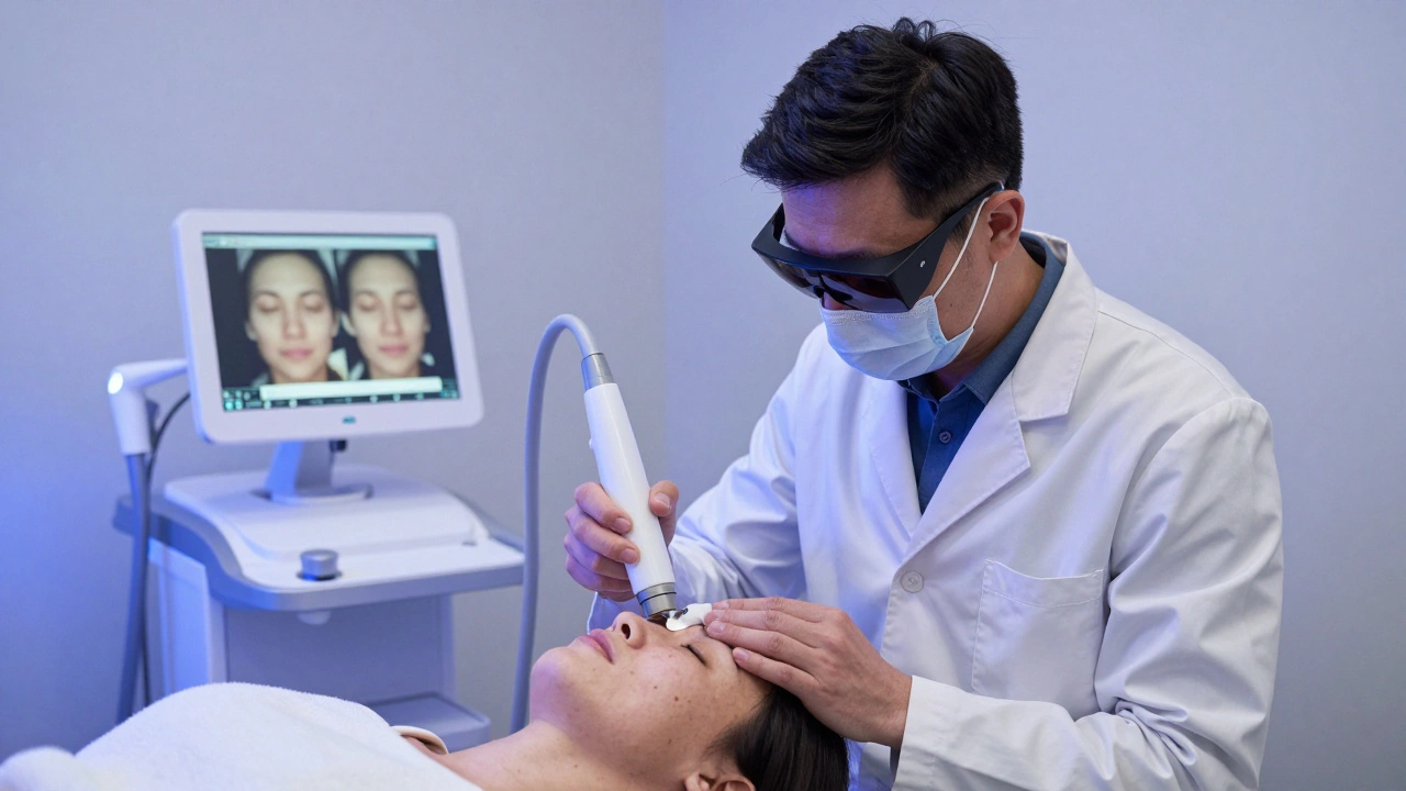 Дерматолог проводит лазерную процедуру по удалению пигментного пятна на руке пациента в медицинском кабинете.