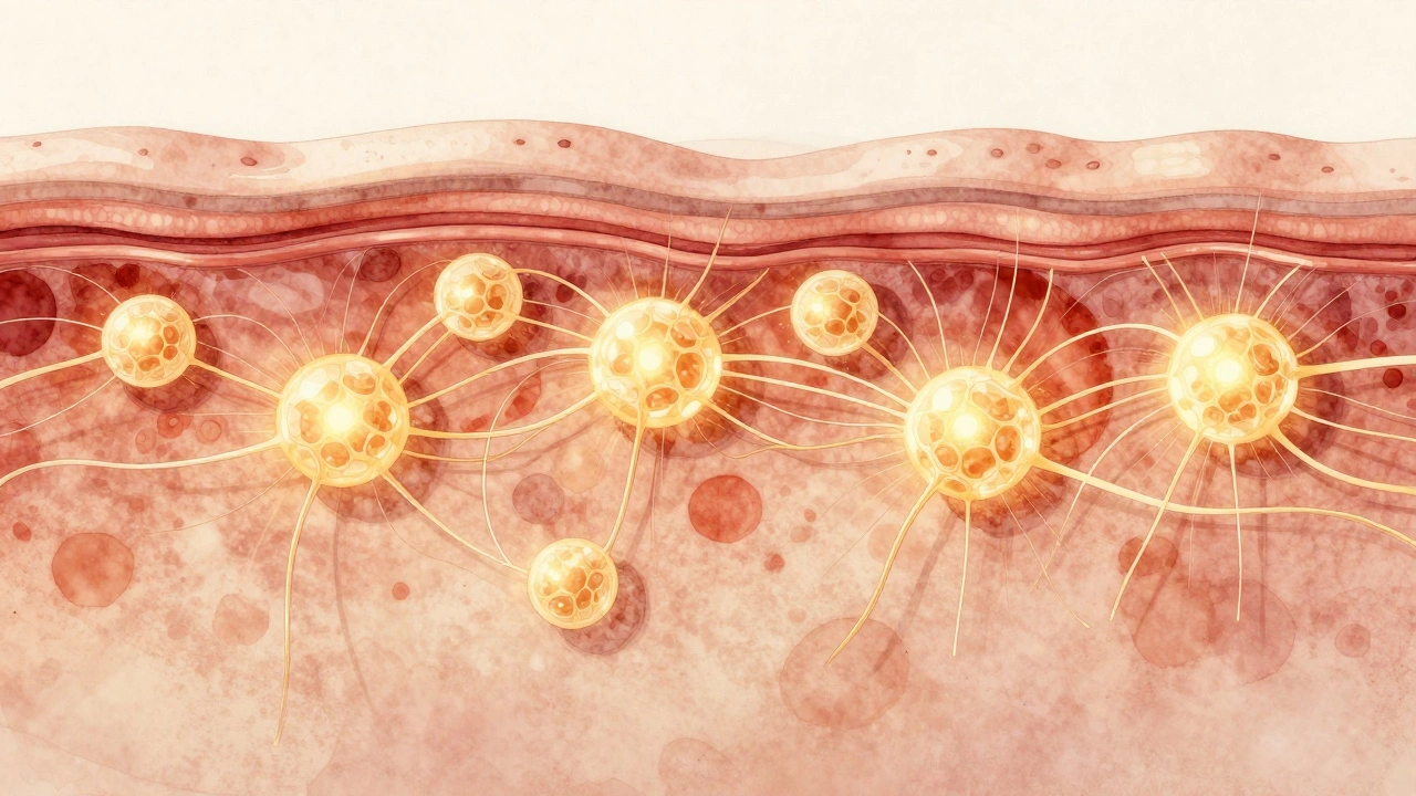Художественное изображение восстановления кожи: фибробласты производят коллагеновые волокна
