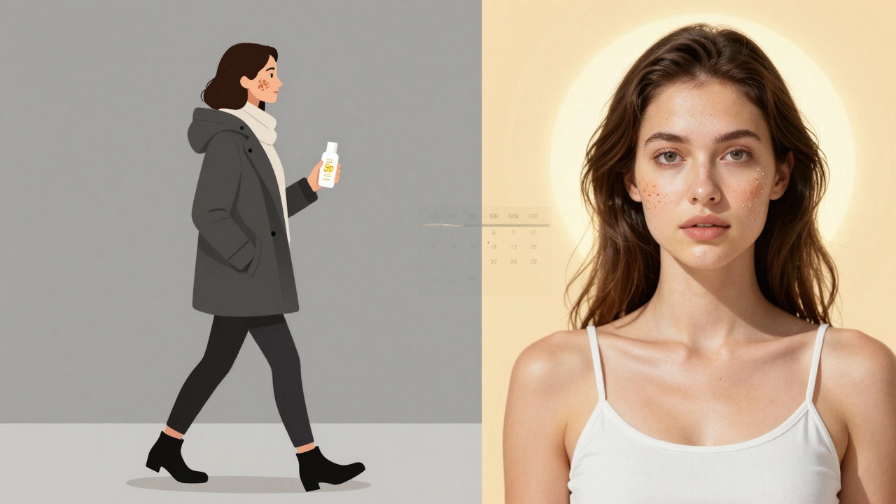 Контраст: зимой — пигментация на лице, летом — чистая кожа после лечения, символизируя важность защиты от солнца.