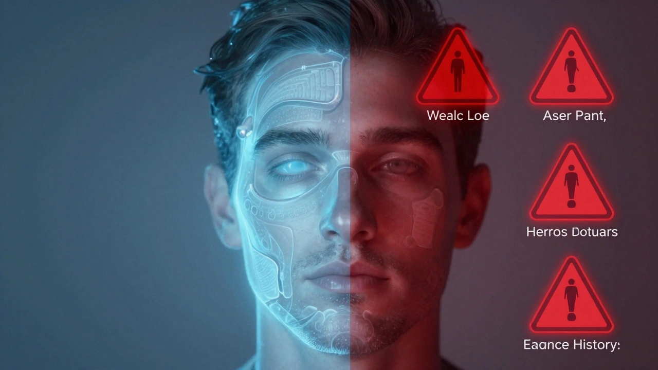 Лицо разделено на две части: безопасные альтернативы лазеру и риски лазерной процедуры.