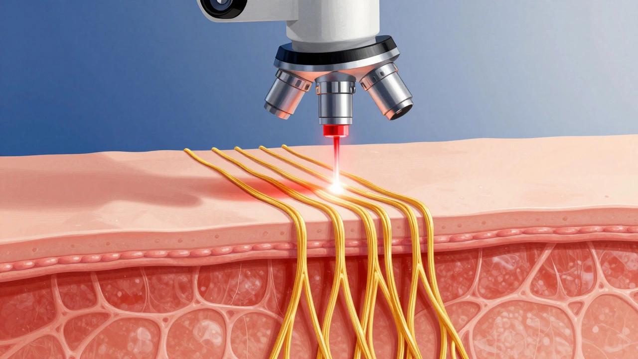 Микроскопическое изображение коллагеновых волокон, нагреваемых лазером в коже.