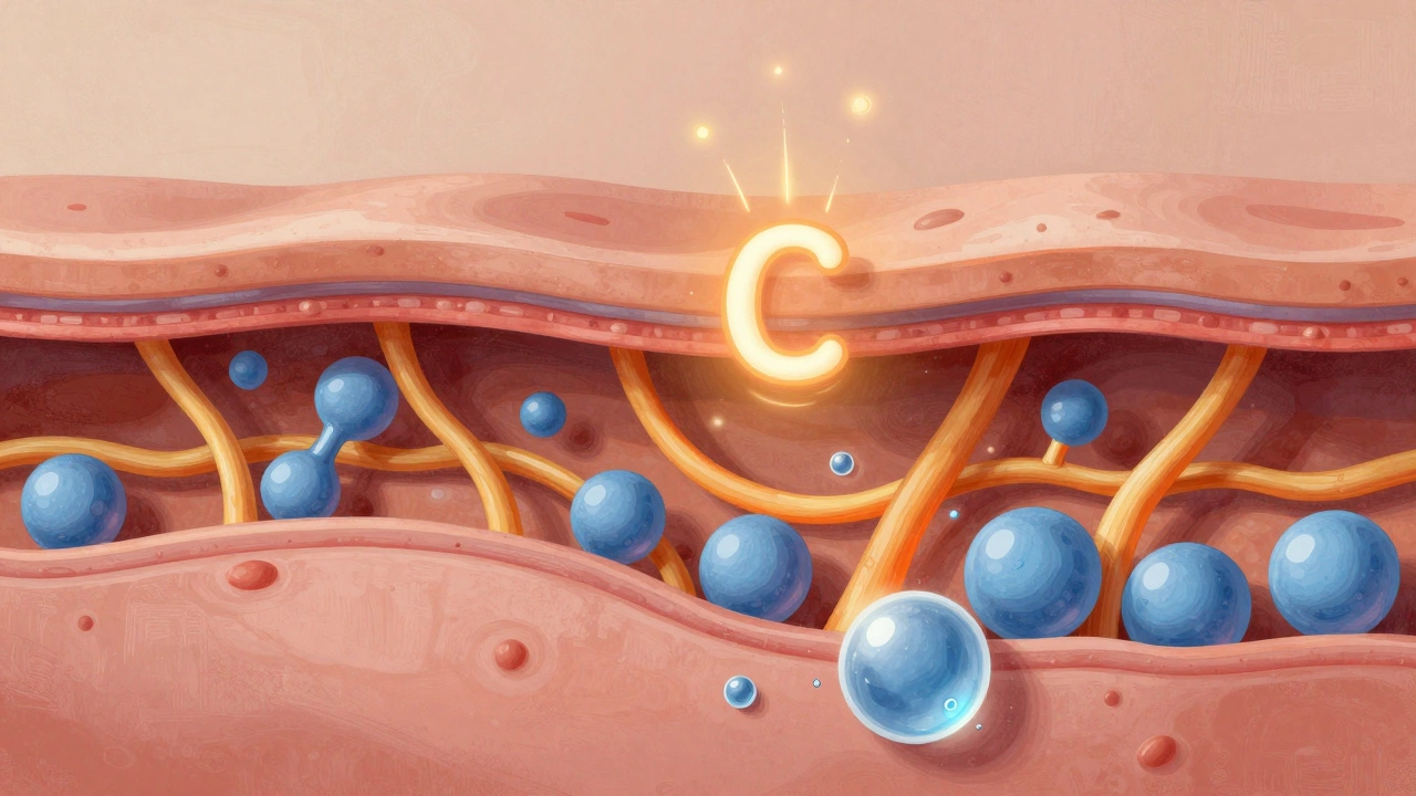 Микроскопическое изображение кожи: коллаген, пептиды и гиалуроновая кислота восстанавливают клетки.