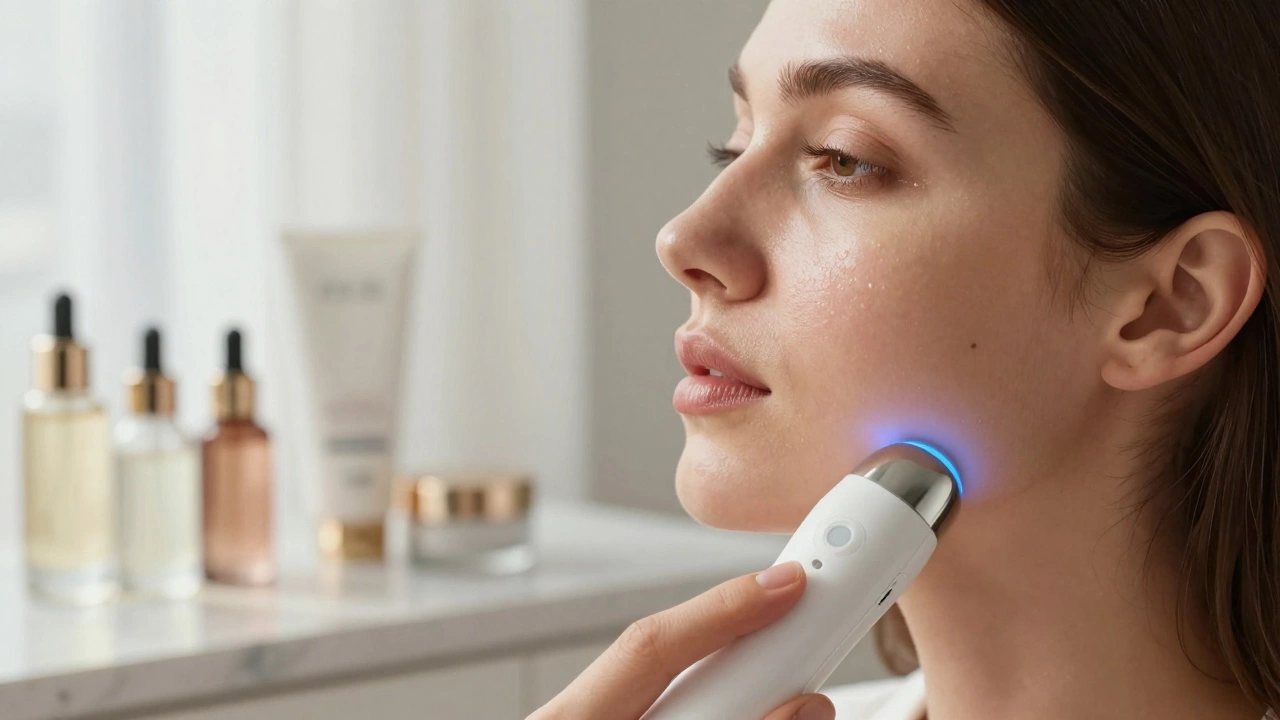 Микротоковое устройство массирует линию подбородка.