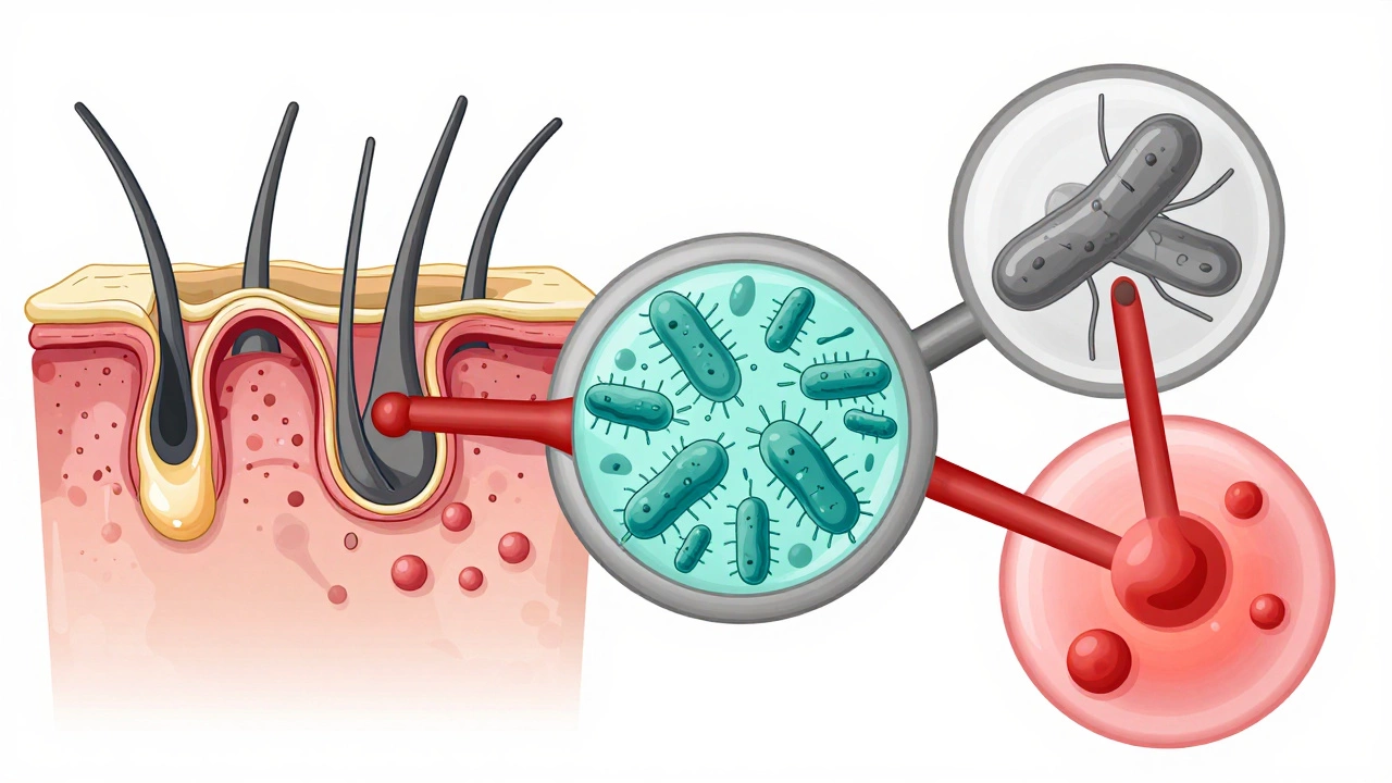 Научная иллюстрация процесса акне: избыток себума, закупорка пор, бактерии и воспаление.