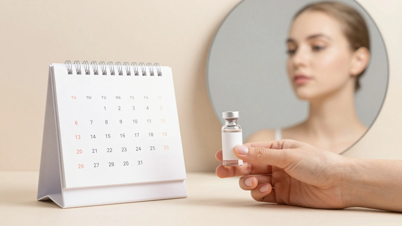 Рука держит сыворотку с витамином С, в зеркале — улучшенная кожа через полгода ухода.