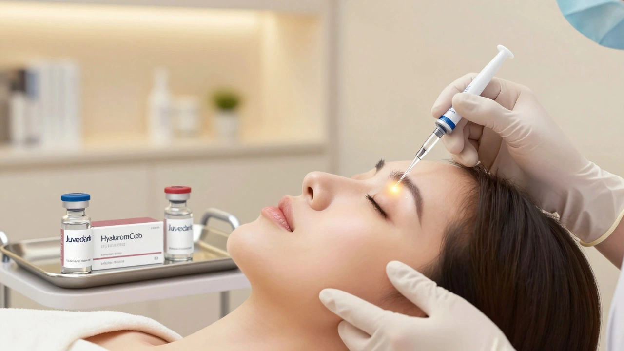 Рука косметолога вводит филлер в скуловую область, на столе лежит упаковка Juvederm.