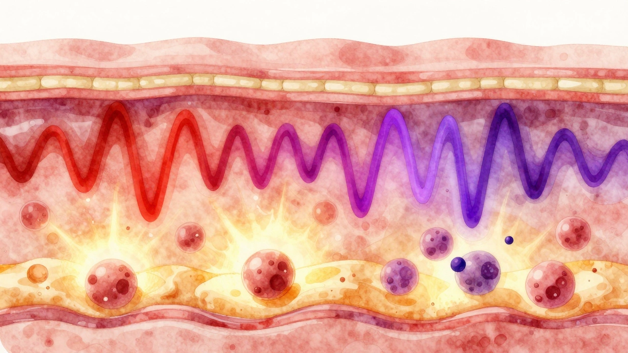 Схематичное изображение лазерного воздействия на кожу: световые волны стимулируют коллаген и разбивают пигмент.
