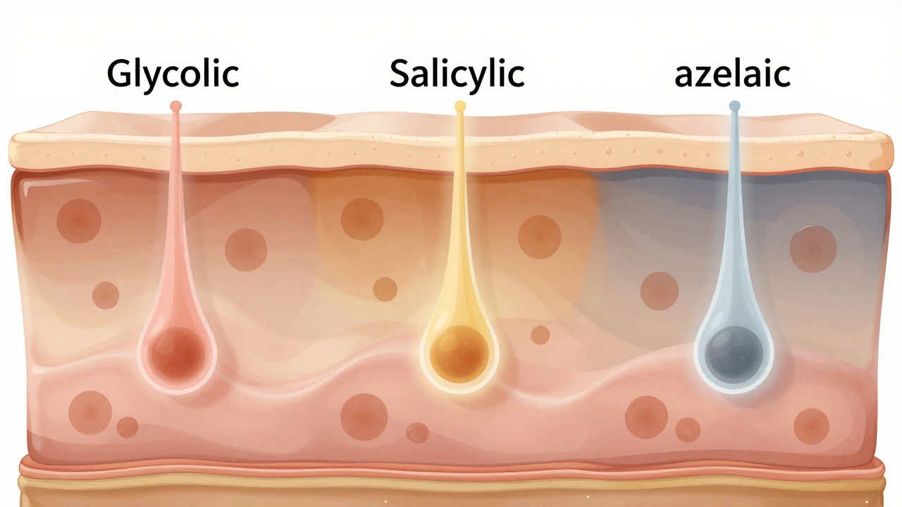 Схематичное изображение слоев кожи с кислотами, воздействующими на пигментацию в эпидермисе.