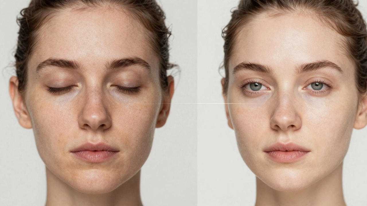 Сравнение до и после лазерной шлифовки: левая сторона — неровная кожа, правая — гладкая и сияющая.