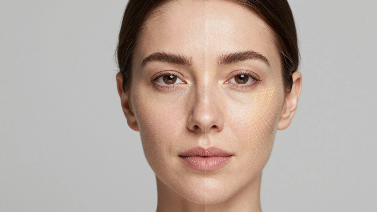 Сравнение лица до и после лазерного подтягивания, показывающее улучшение текстуры кожи.