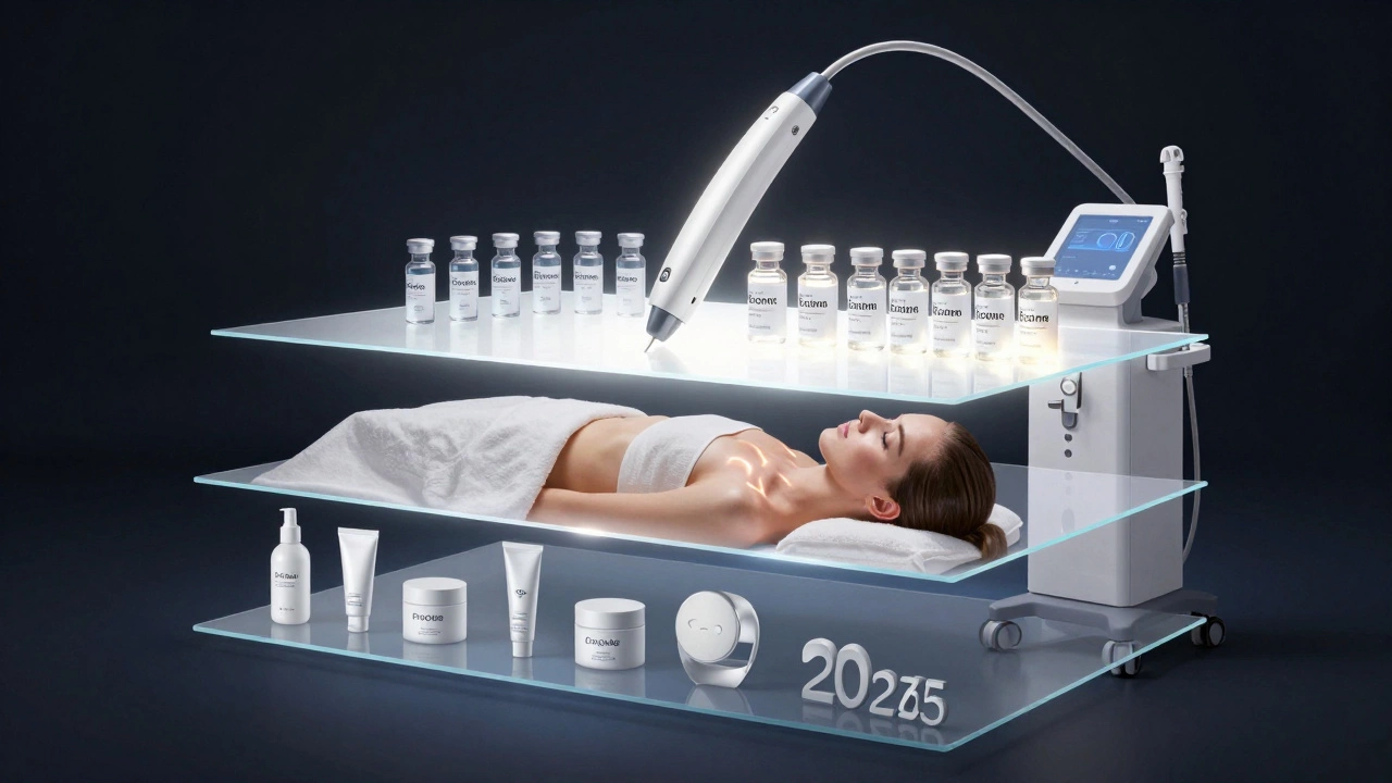 Три уровня красоты: внизу — домашний уход, вверху — лазеры и инъекции, светящиеся и доминирующие.