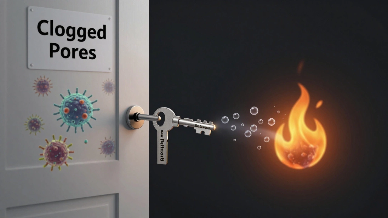 Забитая пора запирается ключом ретиноида, бензоилпероксид выделяет кислород, уничтожая воспаление.