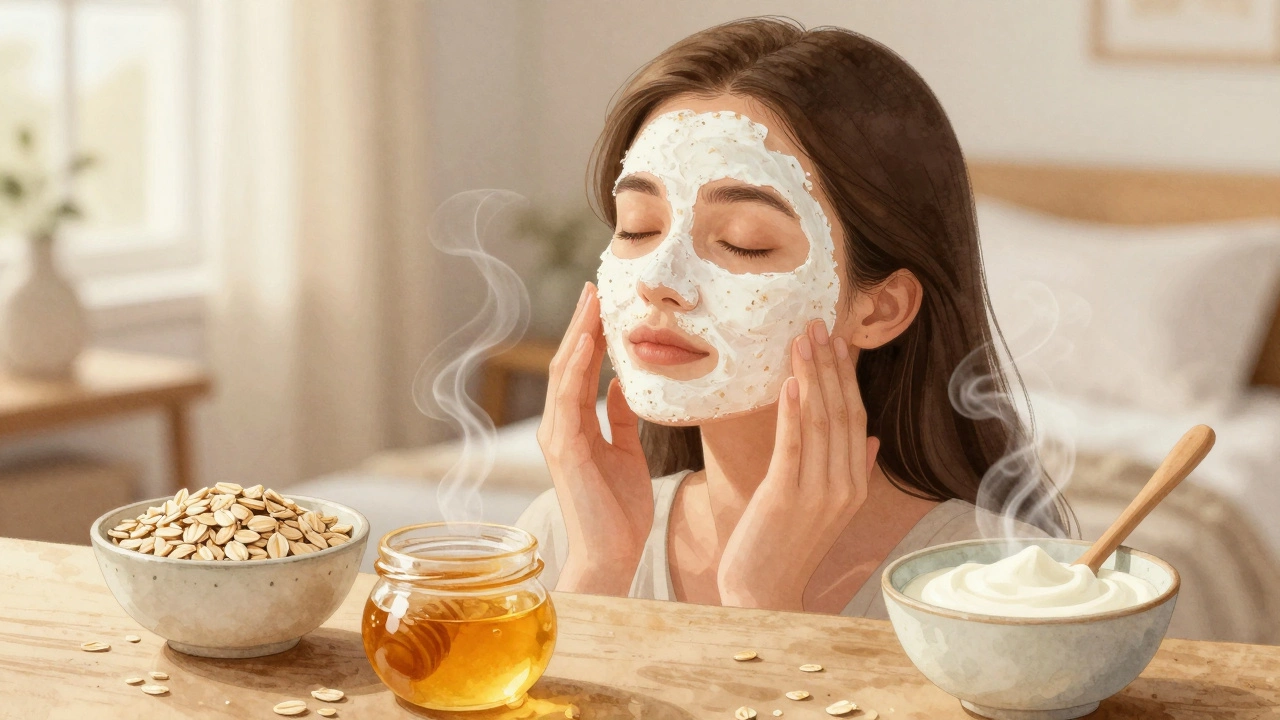 Женщина делает маску из овсянки, меда и йогурта в домашних условиях.