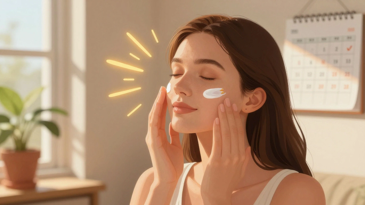 Женщина наносит солнцезащитный крем на лицо у окна в утреннем свете.