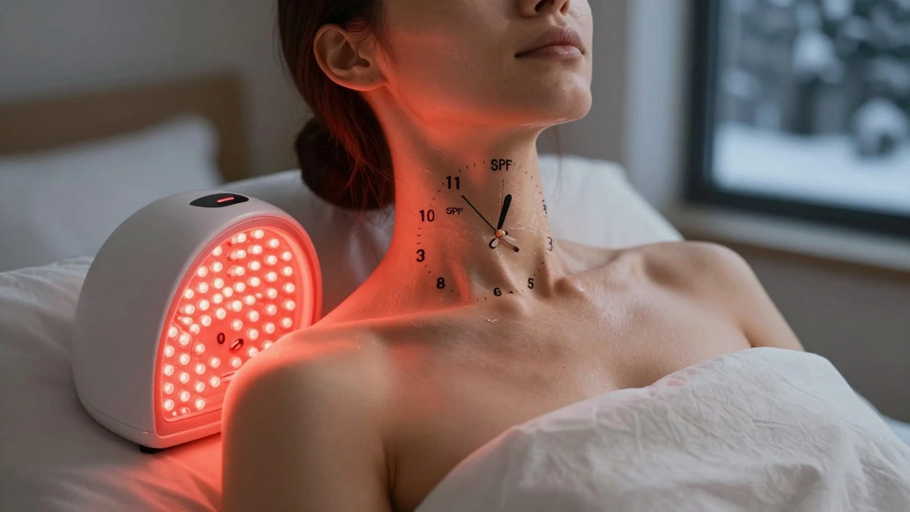 Часы на шее и декольте, каждый час символизирует уход за кожей: SPF, массаж, сон, вода и светотерапия.