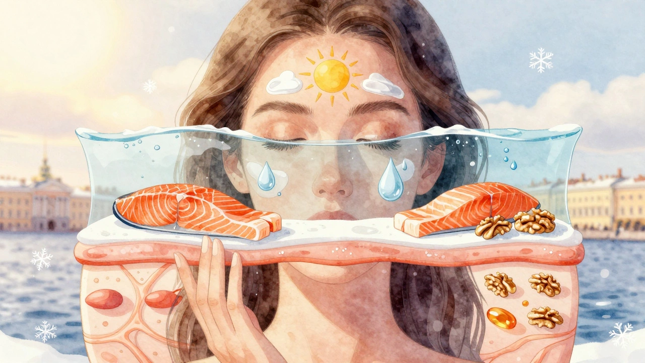 Художественное изображение лица с тремя слоями: защита от солнца, питание и восстановление коллагена.
