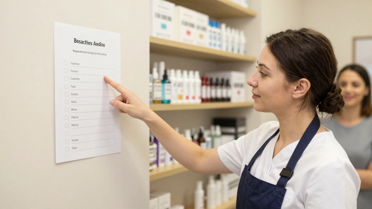 Косметолог показывает список разрешённых процедур и сертифицированные средства на полке.