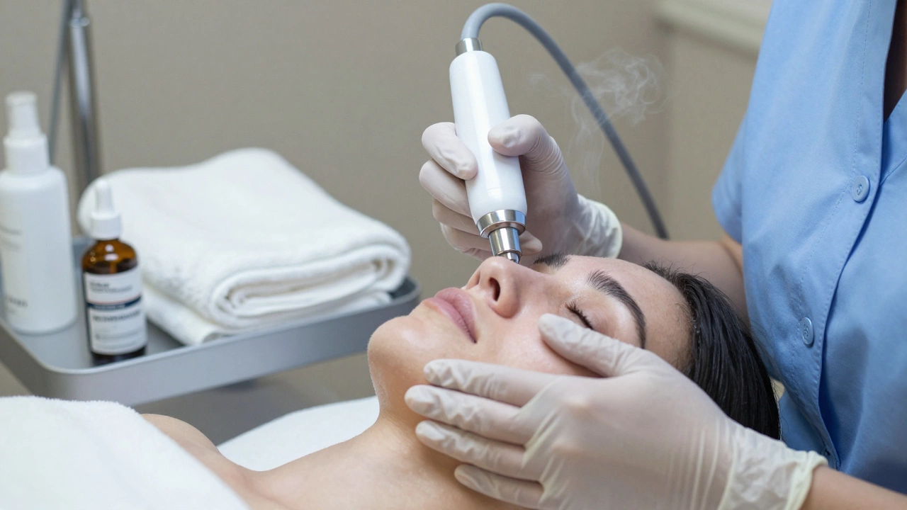 Косметолог применяет озонотерапию лицу клиента с помощью сертифицированного прибора.