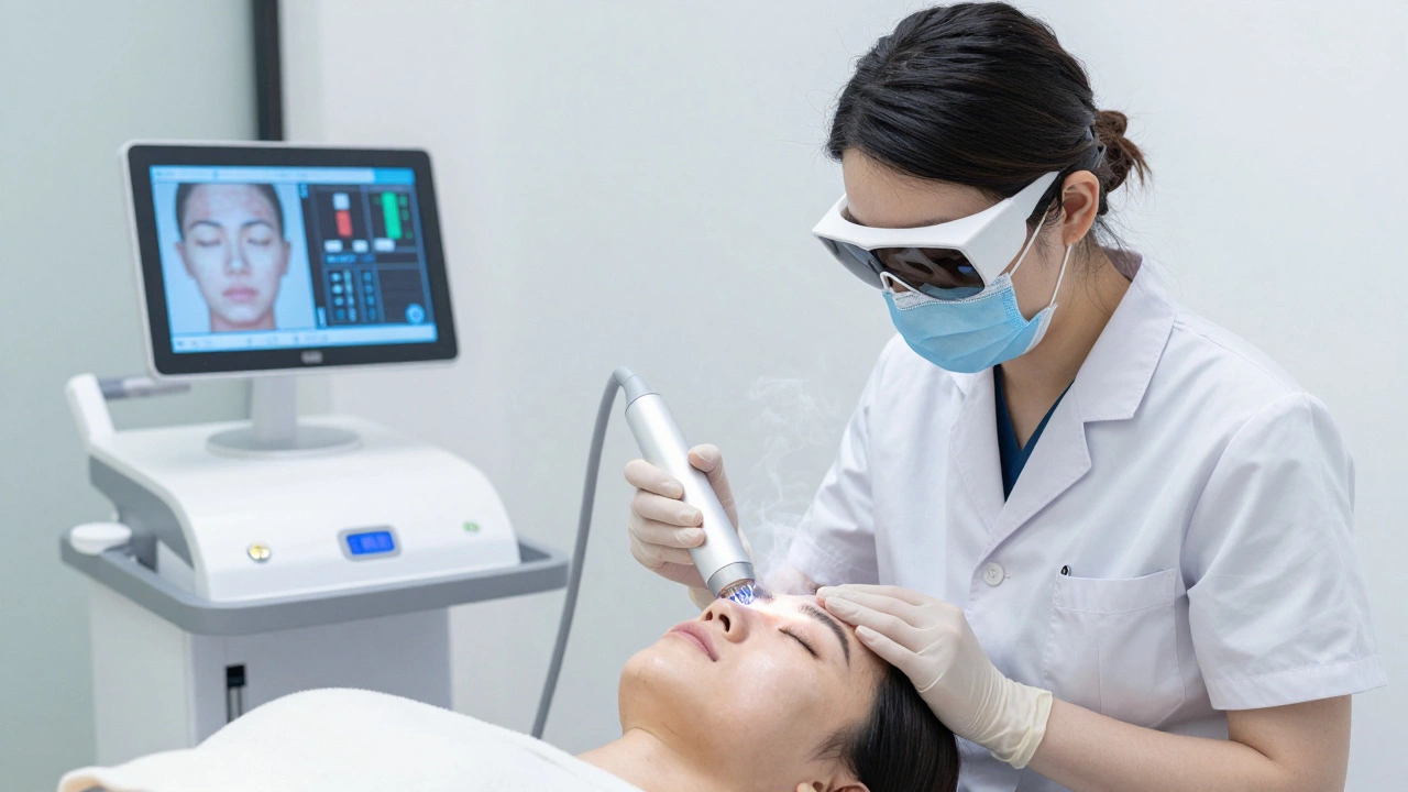 Косметолог проводит фракционную лазерную шлифовку лица в клинике.