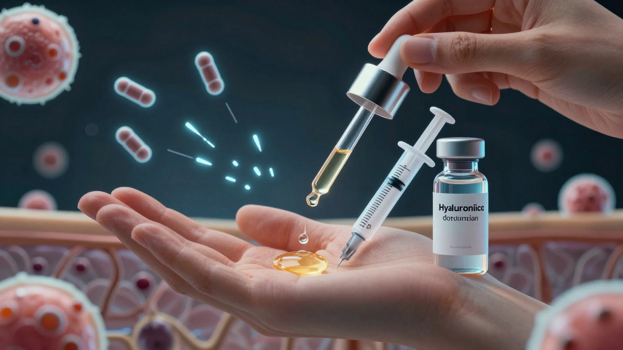 Научная иллюстрация ухода за кожей: сыворотка, инъекции и пептиды, визуализирующие обновление клеток.