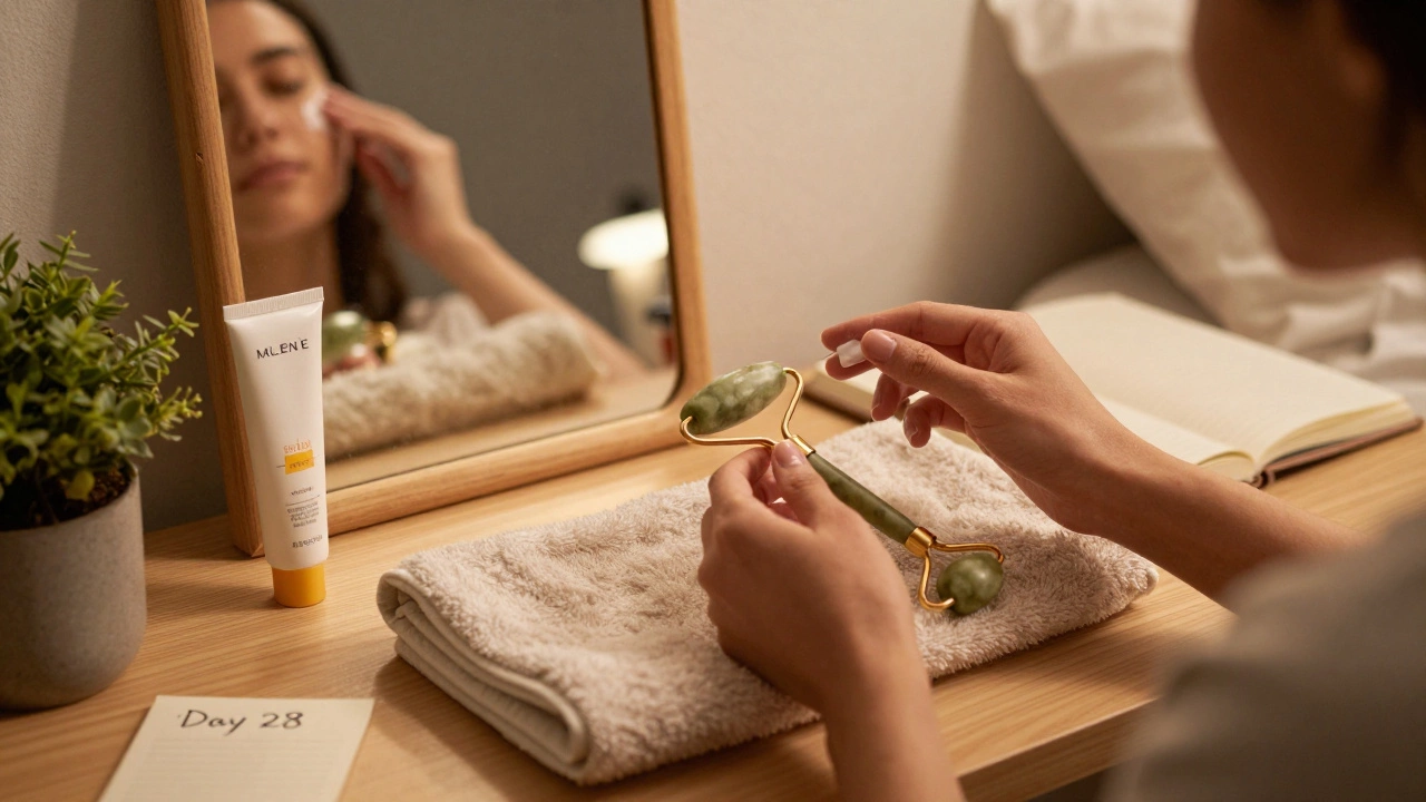 Ночной уход за кожей: руки наносят крем, рядом лежит роллер и SPF-крем