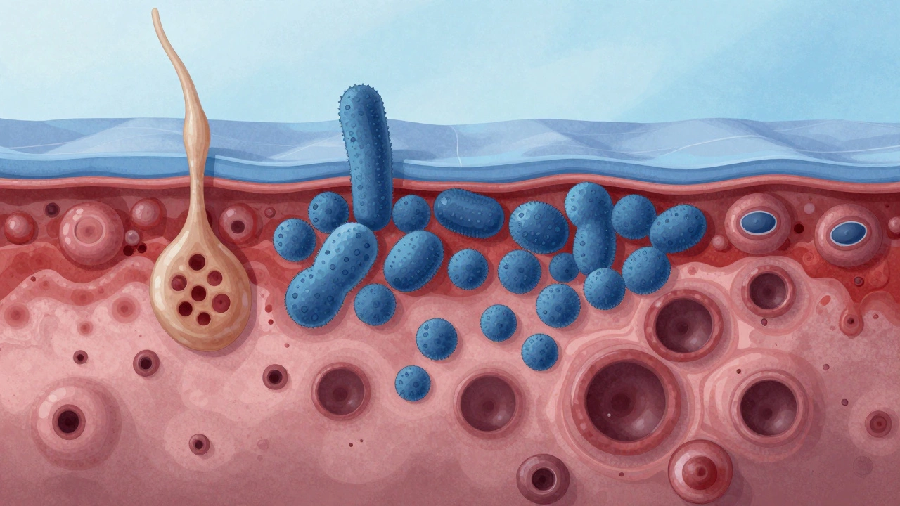 Разрез кожи, показывающий закупоренные поры и глубокое воспаление при акне