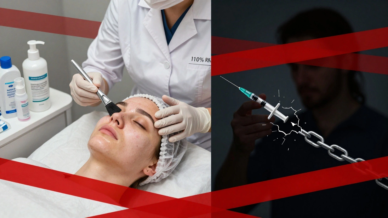 Сравнение безопасного пилинга и опасной инъекции — запрещённые процедуры за красной полосой.