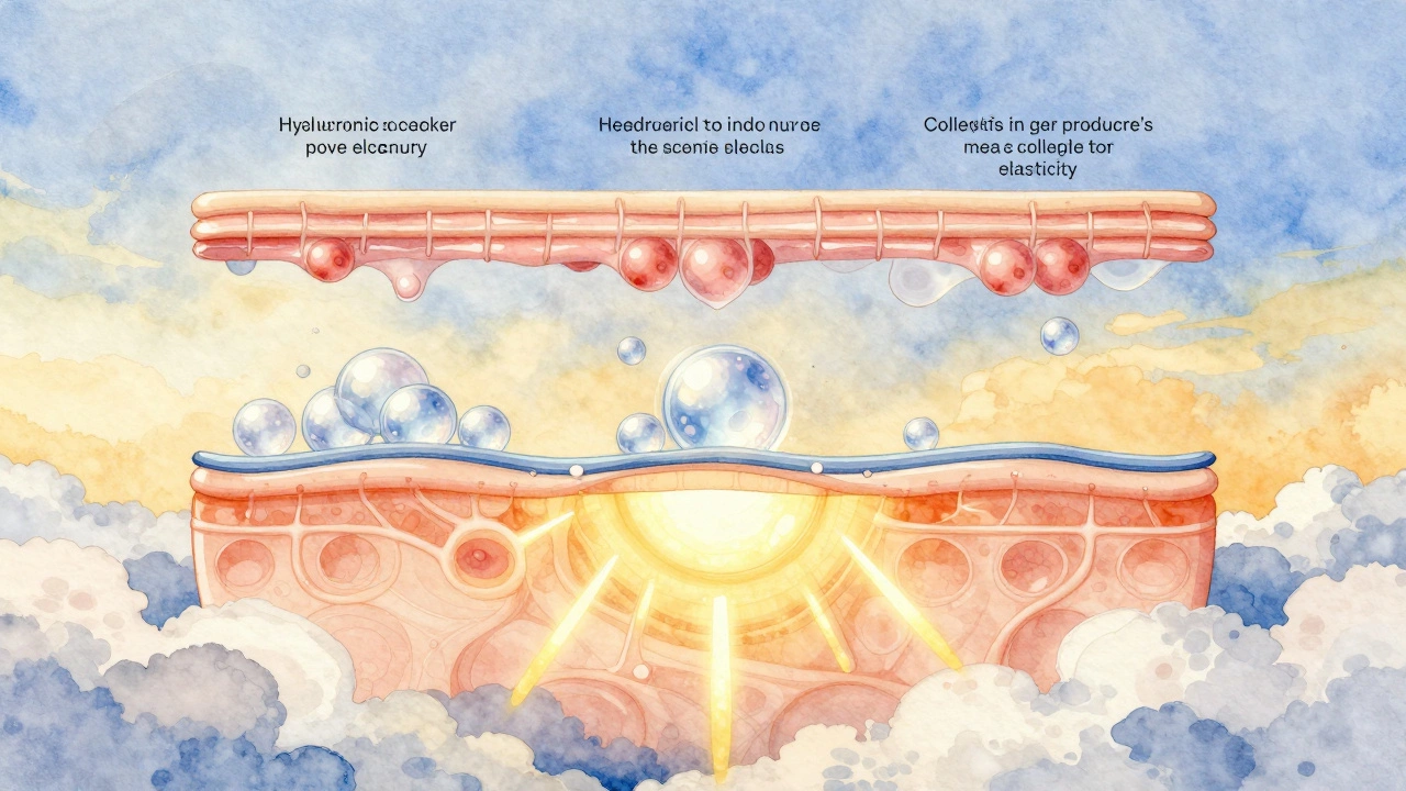 Три слоя антивозрастного ухода: солнечные лучи, увлажнение и сигналы пептидов к клеткам кожи.