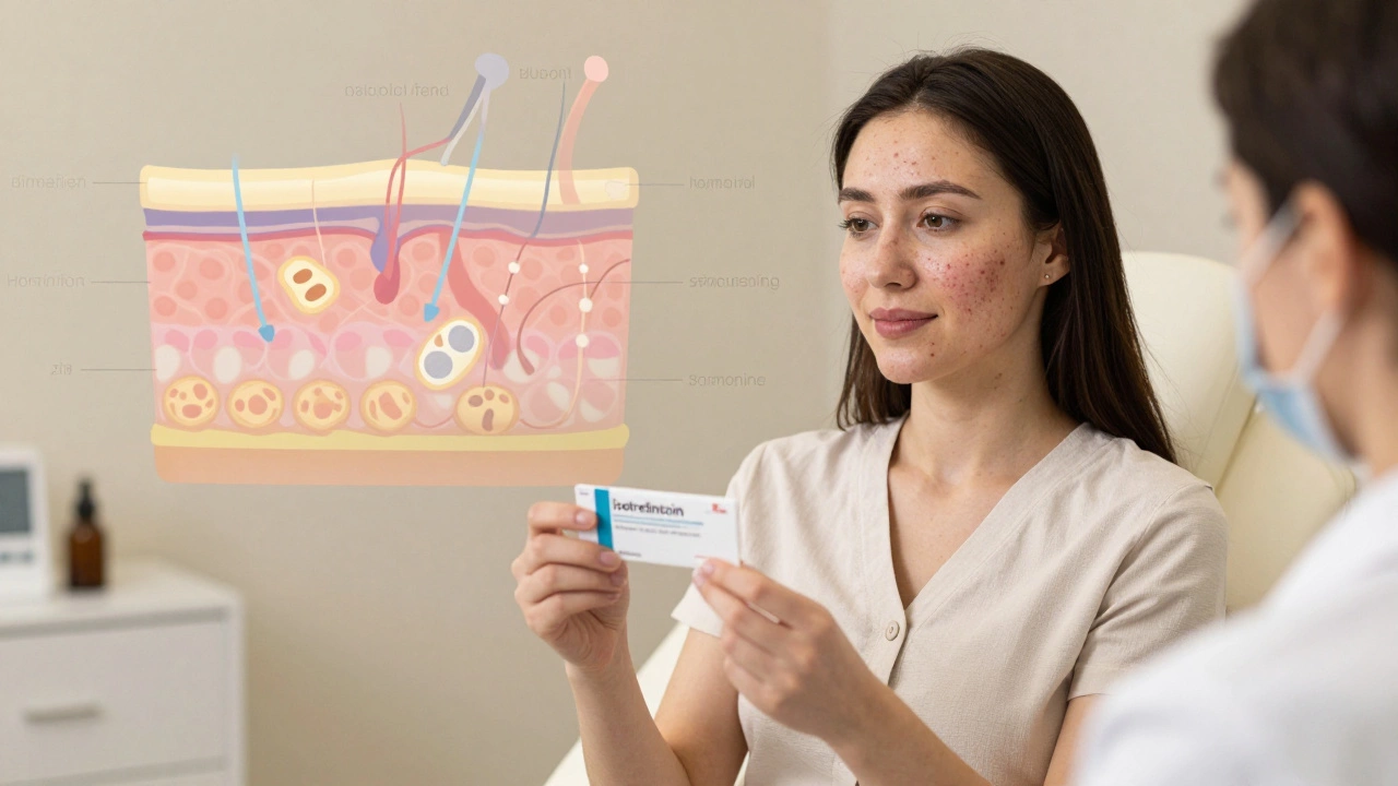 Женщина в кабинете дерматолога с рецептом и визуализацией причин акне